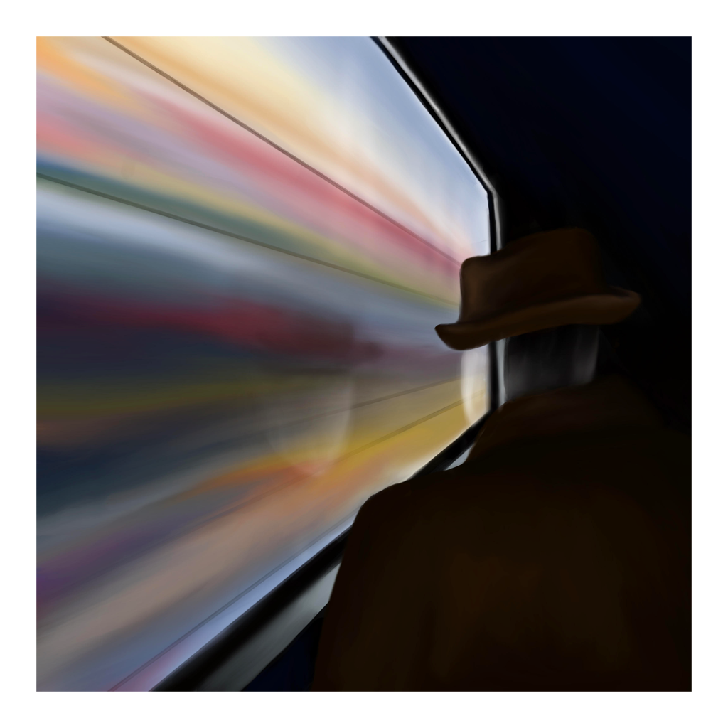 Mr. Invisible song artwork, featuring an abstract painting of a man in a brown trench coat and fedora hat looking out a rectangular window. The man has a round, transparent head.